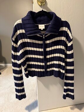 Pink Rose Navy and White Striped Zip-Up Cropped Cardigan